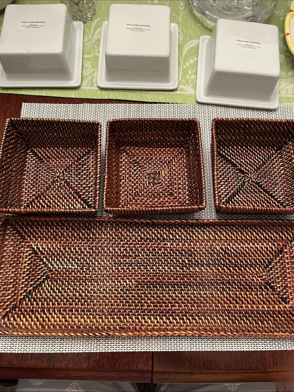 Williams Sonoma White Ceramic Triple Server with Woven Tray